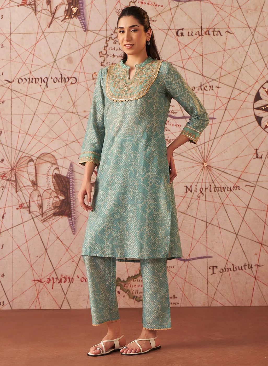 Sama Sea Green Printed Cotton Jacquard Co-ord Set for Women
