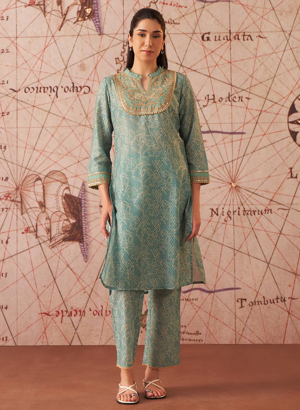 Sama Sea Green Printed Cotton Jacquard Co-ord Set for Women