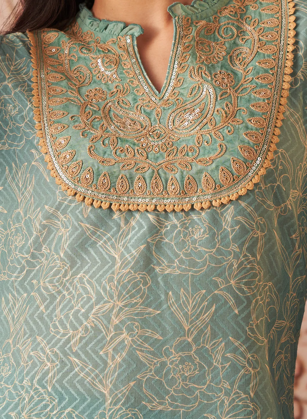 Sama Sea Green Printed Cotton Jacquard Co-ord Set for Women