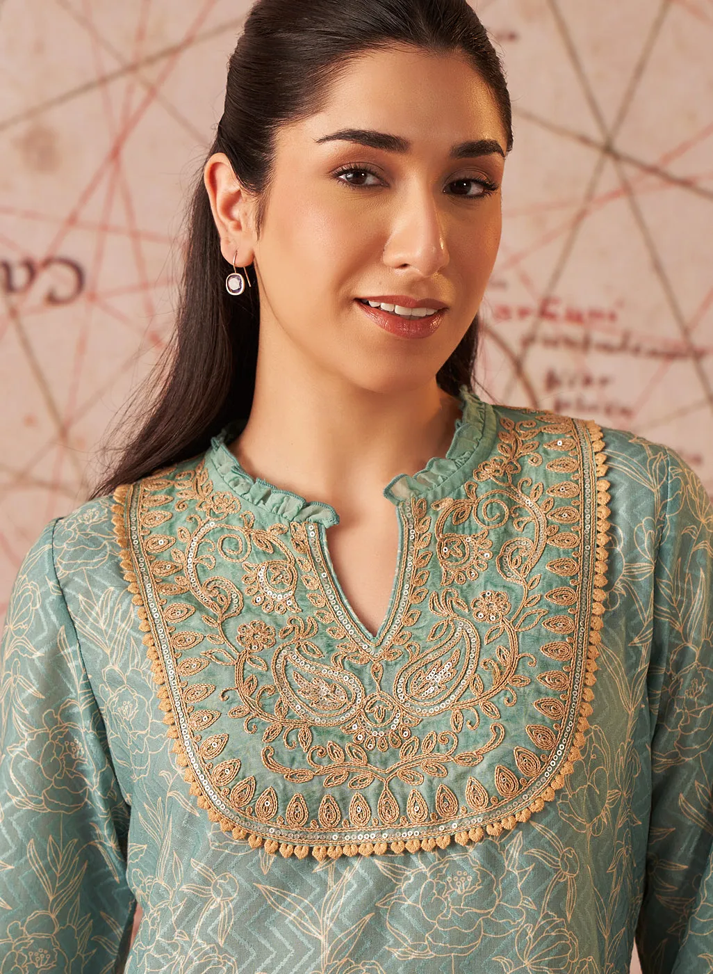 Sama Sea Green Printed Cotton Jacquard Co-ord Set for Women