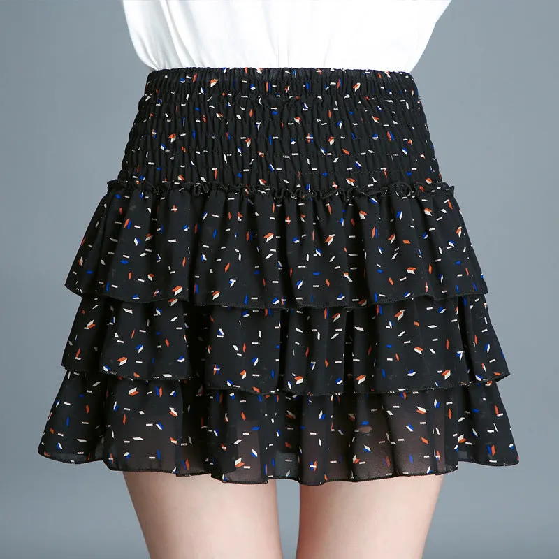 Summer College Printed Chiffon Cake Miniskirt Anti-Exposed Fresh Looking Skorts Teenage Girl Student Skorts