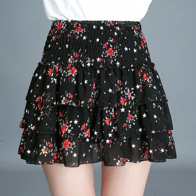 Summer College Printed Chiffon Cake Miniskirt Anti-Exposed Fresh Looking Skorts Teenage Girl Student Skorts