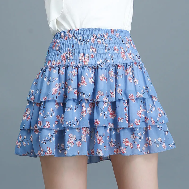 Summer College Printed Chiffon Cake Miniskirt Anti-Exposed Fresh Looking Skorts Teenage Girl Student Skorts