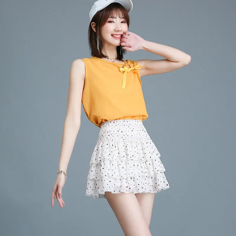 Summer College Printed Chiffon Cake Miniskirt Anti-Exposed Fresh Looking Skorts Teenage Girl Student Skorts
