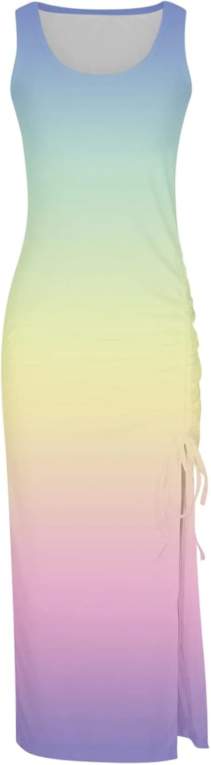 Summer Dresses for Women 2024 Casual Plus Size Beach Boho Floral Maxi Dress Sexy High Slit Sleeveless Tank Print Sundress