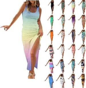 Summer Dresses for Women 2024 Casual Plus Size Beach Boho Floral Maxi Dress Sexy High Slit Sleeveless Tank Print Sundress