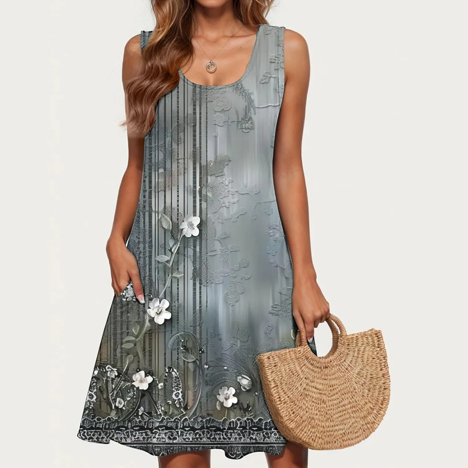 Summer Dresses for Women 2025 Vacation V Neck Ruffle Dress Sleeveless Floral Mini Dress Holiday Vacation Clothes
