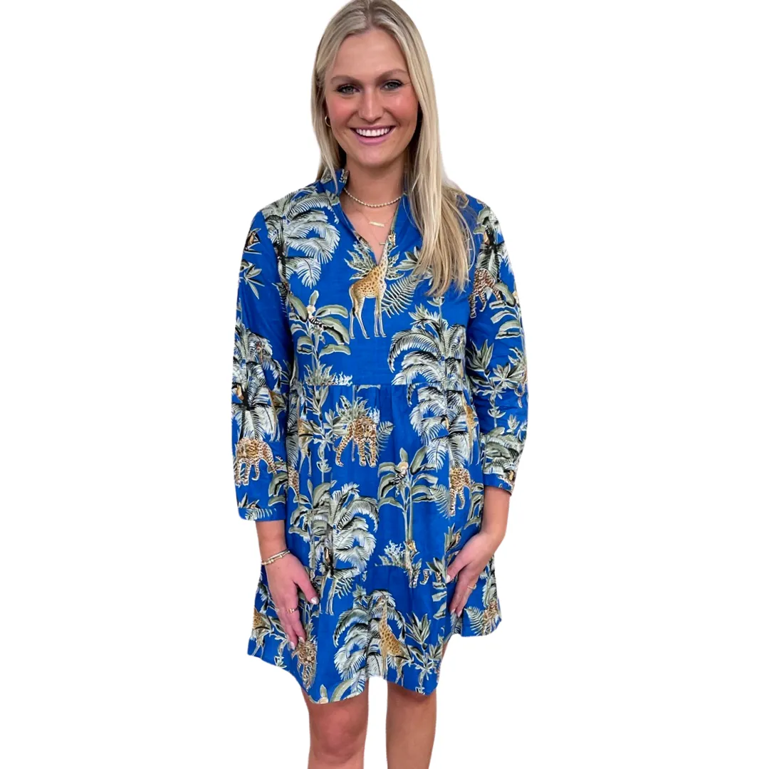 The Marnie Cotton Jungle Print Dress in Brilliant Blue