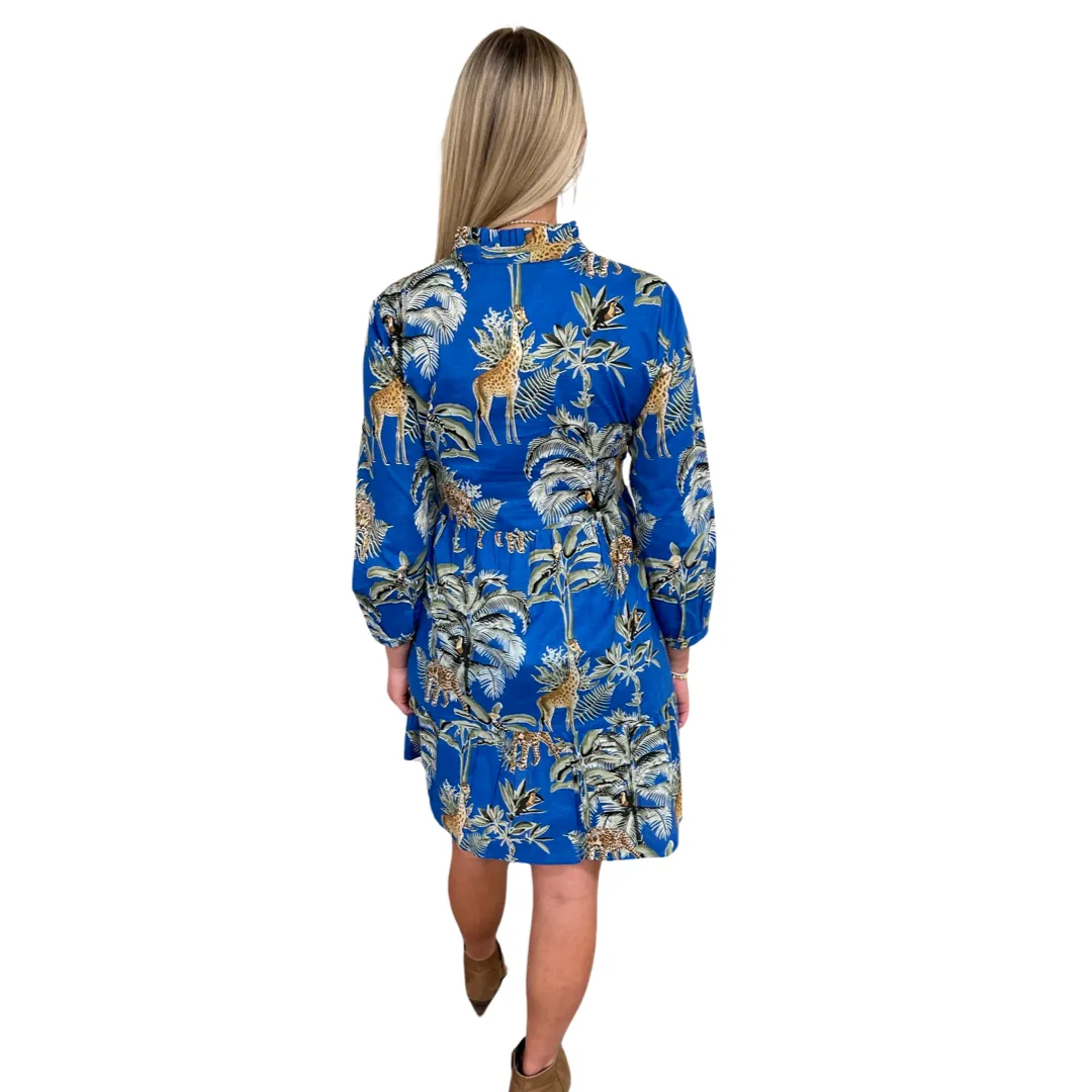 The Marnie Cotton Jungle Print Dress in Brilliant Blue