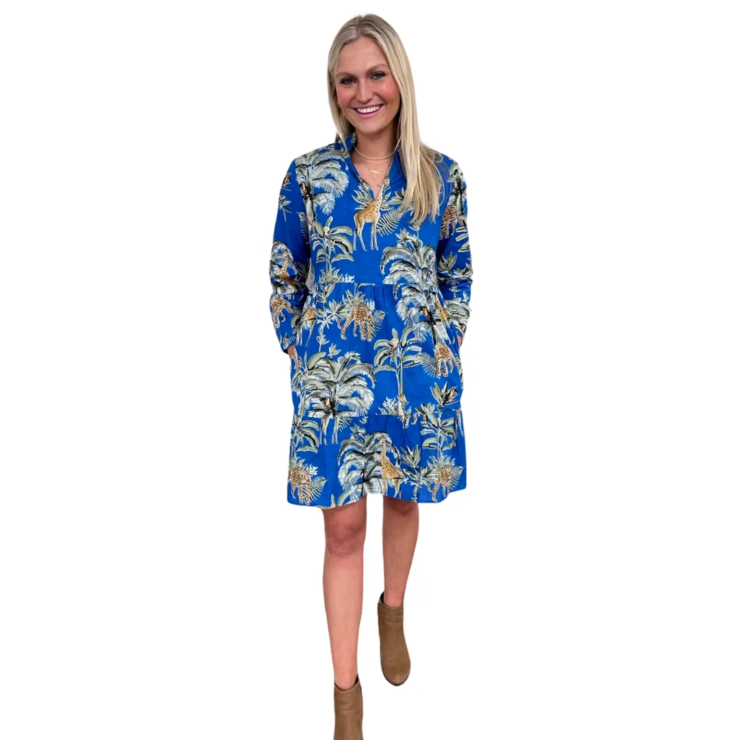 The Marnie Cotton Jungle Print Dress in Brilliant Blue
