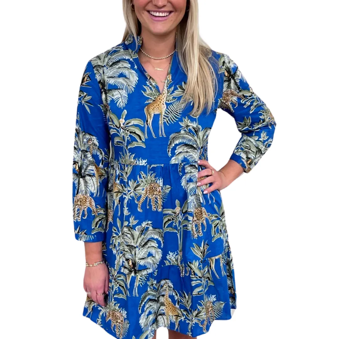 The Marnie Cotton Jungle Print Dress in Brilliant Blue