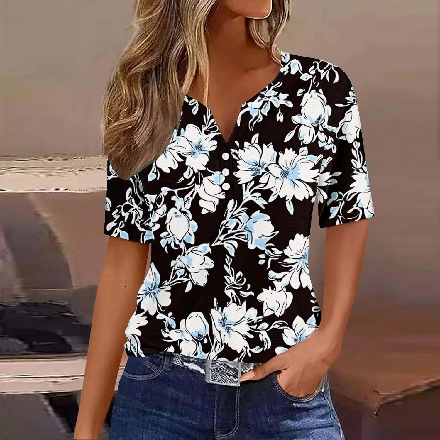 Womens Summer Tops 2025 Dressy Casual Short Sleeve Button V Neck T Shirts Trendy Cute Printed Tees Tunic Blouses
