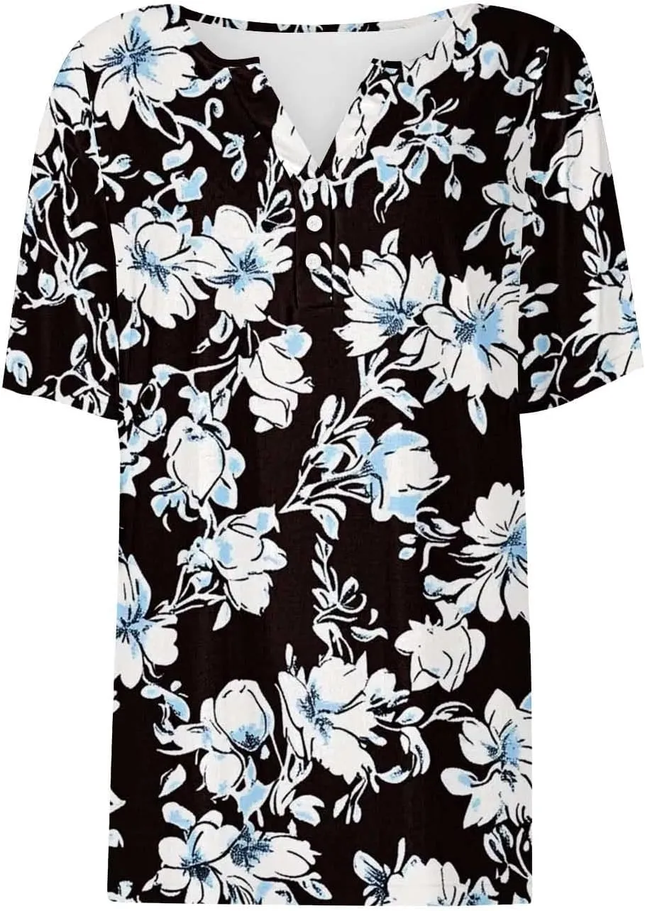 Womens Summer Tops 2025 Dressy Casual Short Sleeve Button V Neck T Shirts Trendy Cute Printed Tees Tunic Blouses