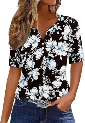 Womens Summer Tops 2025 Dressy Casual Short Sleeve Button V Neck T Shirts Trendy Cute Printed Tees Tunic Blouses