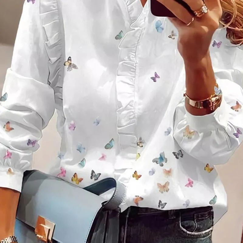 xakxx xakxx Women Elegant Fashion Butterfly Print Blouses Top Ruffled Trim Casual Long Sleeve Blouse